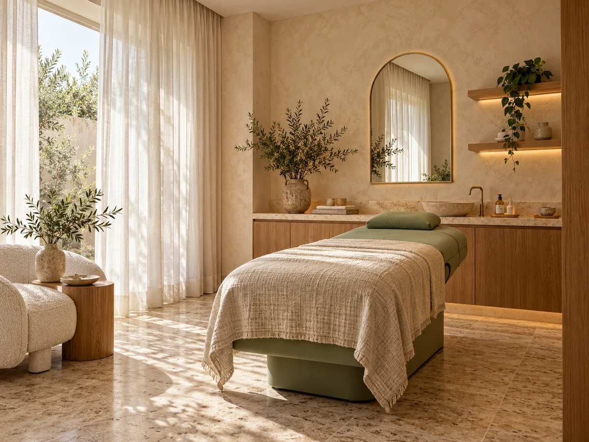 Conceito de um estúdio acolhedor, com maca verde, cortinas de linho e iluminação natural